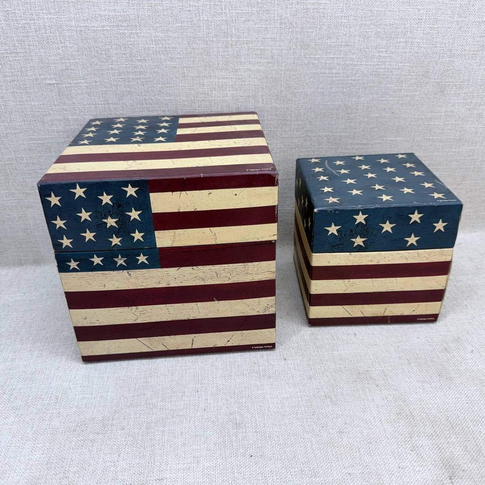 Warren Kimble American Flag Nesting Gift Boxes Set of 2 Patriotic Decor Vintage